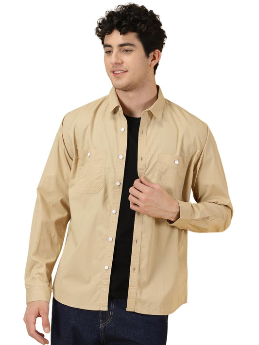 Thomas Scott Mens Beige Smart 100% Cotton Full Sleeves Double Pocket Casual Shirt
