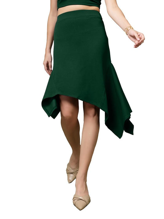 OOMPH! A-Line Handkerchief Hem Lycra Skirt for Women Green - msk106