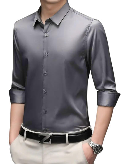 Indoprimo MenS Premium Solid Satin Casual Party Shirt Full Sleeve Darkgrey