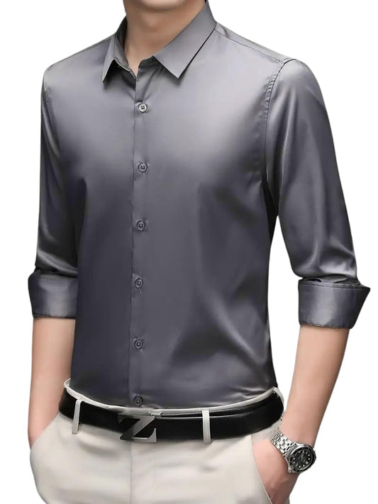Indoprimo MenS Premium Solid Satin Casual Party Shirt Full Sleeve Darkgrey
