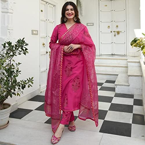Gosriki WomenS Cotton Blend Kurta With Pant & Dupatta (Garden Pink_4Xl-Go_Pink_Xxxx-Large)
