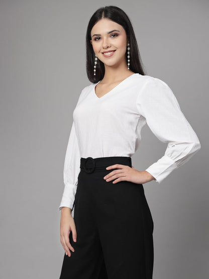 Style Quotient Women White Self Design Polyester Regular Smart Casual Top