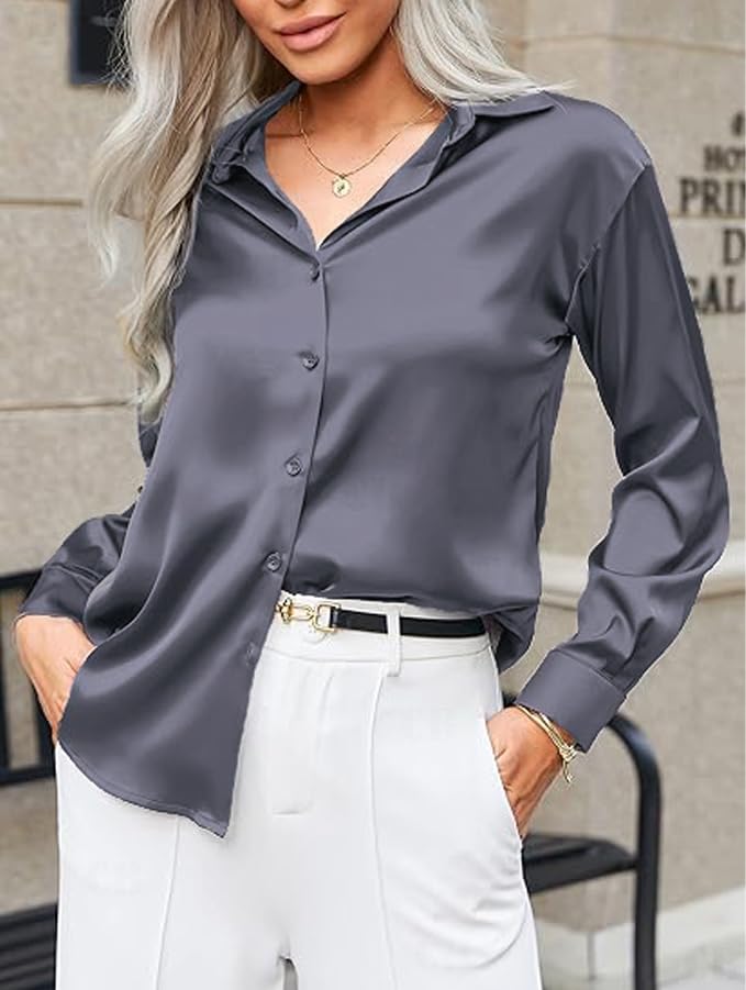 CB-COLEBROOK Womens Soft Satin Silk Button Down Shirts for Women Silky Long Sleeve Work Shirt Dress Blouses Tops (in, Alpha, L,