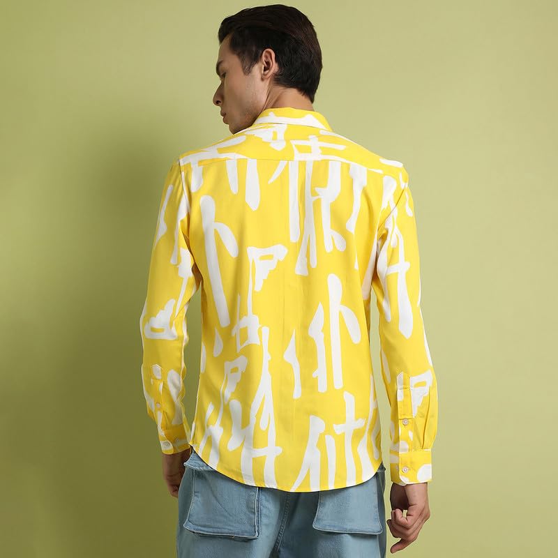 Campus Sutra Mens Lemon Yellow Abstract Print Shirt for Everyday Wear | Spread Collar | Button Closure | Long Sleeve | Heavy Ra