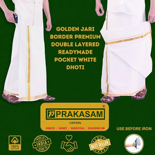 Prakasam Cotton MenS Fine Quality Welcro Pocket Jari Cotton Double Dhoti (34)