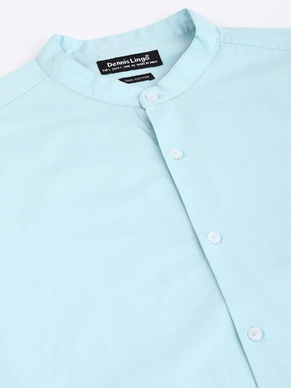 Dennis Lingo MenS Solid Chinese Collar Turquoise Blue Casual Shirt