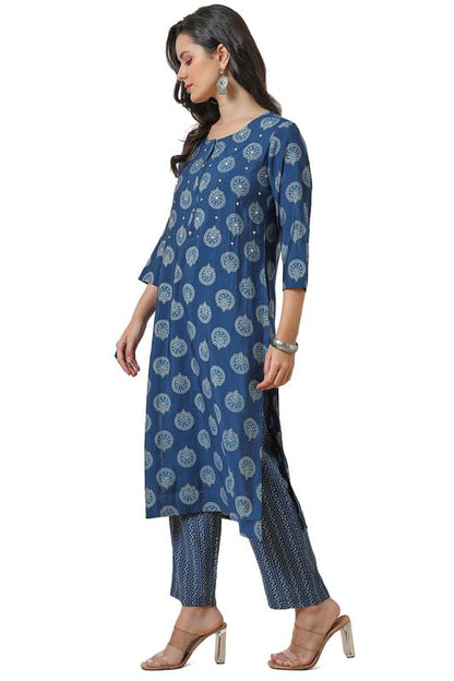 Soch Womens Blue Muslin Blend Ethnic Motifs Kurta Set With Faux Mirror