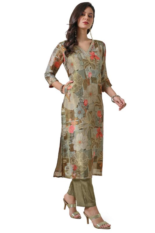 Soch Womens Olive Botanical Print Tissue Kurta Set