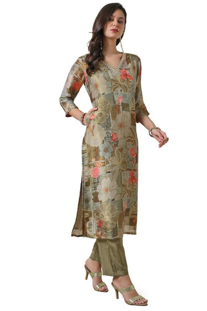 Soch Womens Olive Botanical Print Tissue Kurta Set