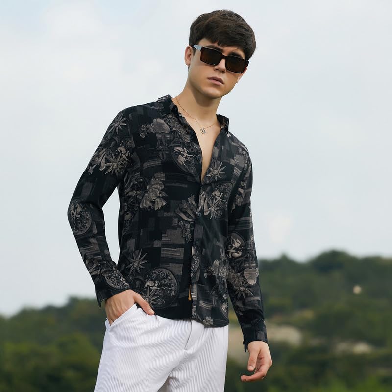 Campus Sutra Mens Midnight Black Bloom-Imprint Shirt for Casual Wear | Spread Collar | Long Cuffed Sleeves | Button Closure | S