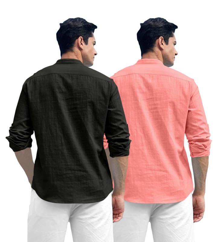 ROYALSCOUT Combo of Mens Solid Cotton Blend Full Sleeve Straight Kurta Shirt (Pack of 2) Black-Peach