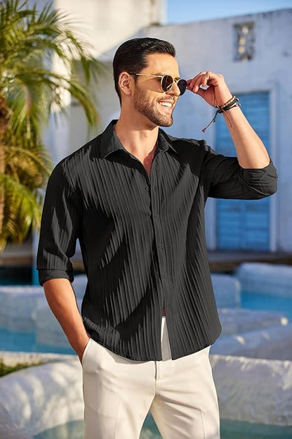 CB-COLEBROOK Mens Casual Button Down Shirts Long Sleeve Linen Shirt Fashion Textured Beach Summer Shirt (in, Alpha, XL, Regular