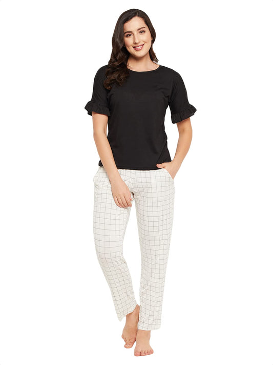 Clovia Womens Chic Basic Top & Checkered Pyjama Set (LS0597P13_Black_L)