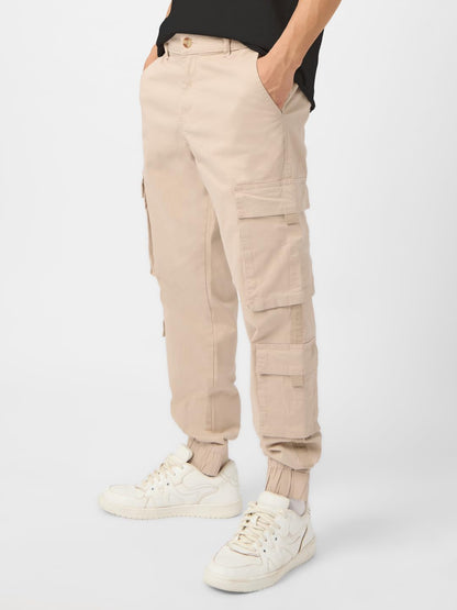 The Souled Store Solids: Champagne Beige Men and Boys Drawstring Oversized Fit Cotton Cargo Joggers
