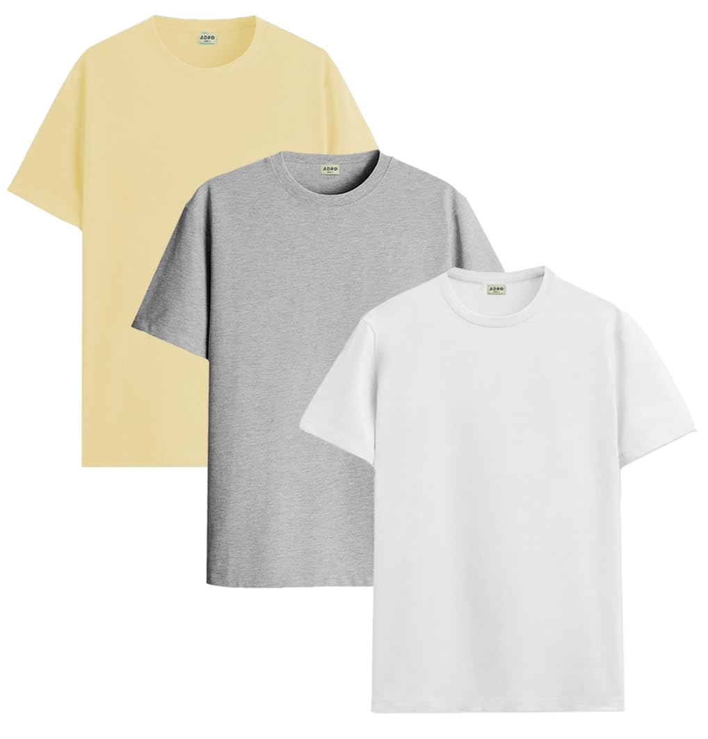 ADRO Men's Solid Regular Fit T-Shirt (RCM3-PLN-LY-WH-GR_Light Yellow,White,Grey