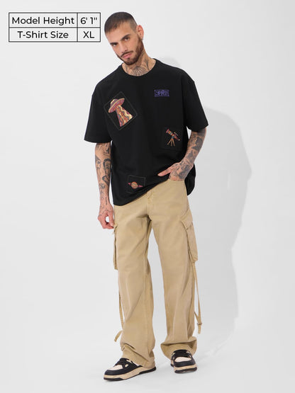 The Souled Store Antariksh Oversized T-Shirt for Men Boys Cotton Casual Half Sleeves Baggy Loose Fit Drop Shoulder Round Neck Bl