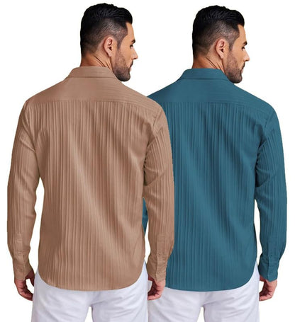 Deelmo Combo Of MenS Casual Button Down Shirts Long Sleeve Linen Shirt Fashion Textured Summer Shirts Pack Of 2