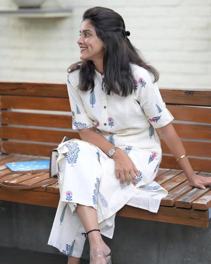 24 Carat Suit WomenS Rayon Kurta And Pant Coord Set With Floral Printed Mandarin Collared Neck Down Button Half Sleeve A Line C