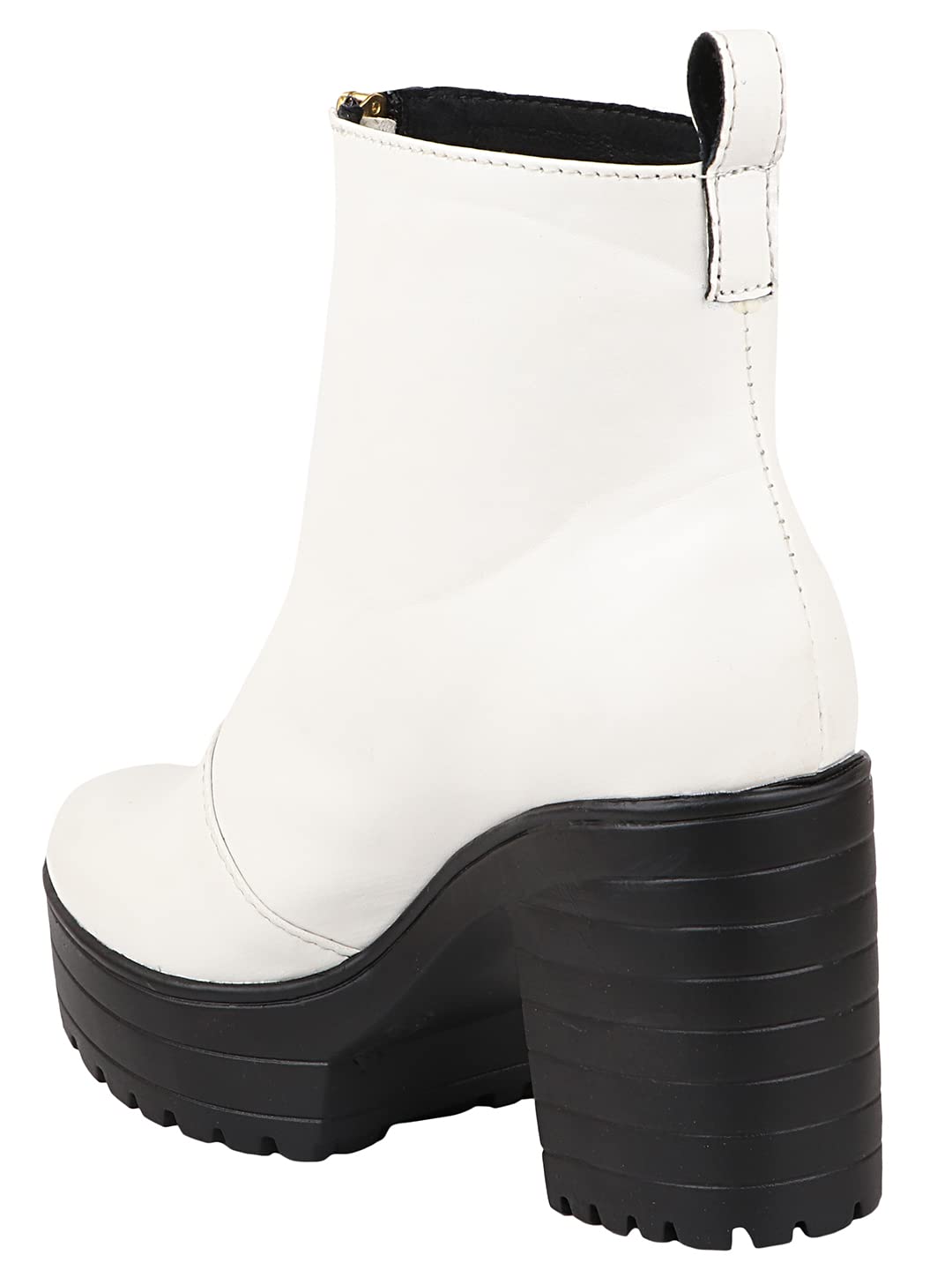 Shoetopia WomenS White Chunky Heel Platform Ankle Boots With Front Zip || Stylish Faux Leather Booties For Party, Street & Casu
