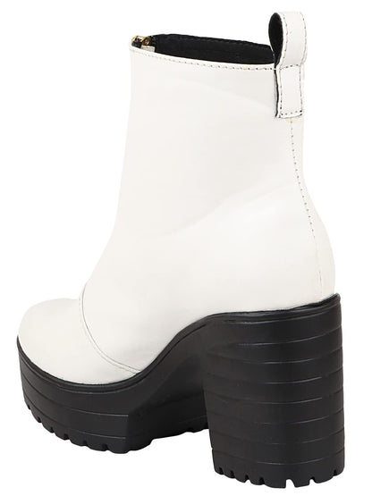 Shoetopia WomenS White Chunky Heel Platform Ankle Boots With Front Zip || Stylish Faux Leather Booties For Party, Street & Casu