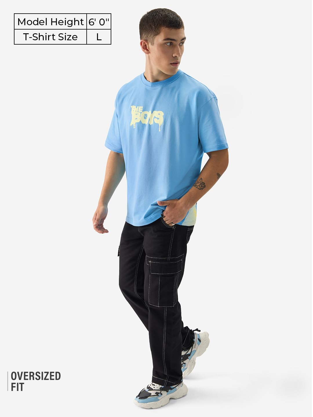 The Souled Store Official The Boys: Only Man in The Sky Short Sleeve Round Neck Blue Graphic Printed Cotton Oversized T-Shirts f