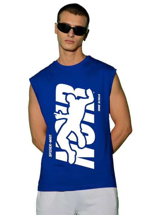 Bewakoof Official Marvel Merchandise MenS Graphic Print Oversized Fit Sleeveless Round Neck Cotton Vest_605523_Blue_M