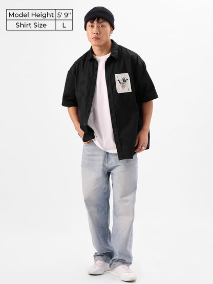 The Souled Store Official Joker: Devils Smile Men and Boys Short Sleeves Collared Neck Button Front Black Graphic Printed Cotto