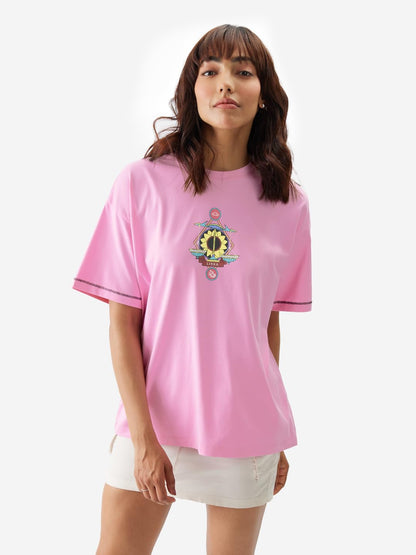 The Souled Store Zodiac: Libra Women and Girls Short Sleeve Round Neck Pink Graphic Printed Cotton Oversized T-Shirts