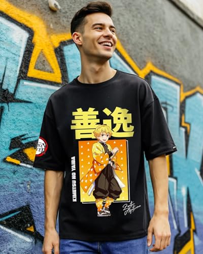 Bewakoof Official Demon Slayer Merchandise Demon Slayer Mens Graphic Print Oversized Fit Half Sleeve Round Neck Cotton Jersey T