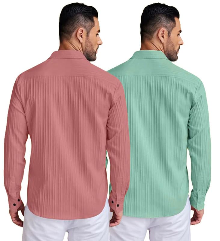 Deelmo Combo Of MenS Casual Button Down Shirts Long Sleeve Linen Shirt Fashion Textured Summer Shirts Pack Of 2