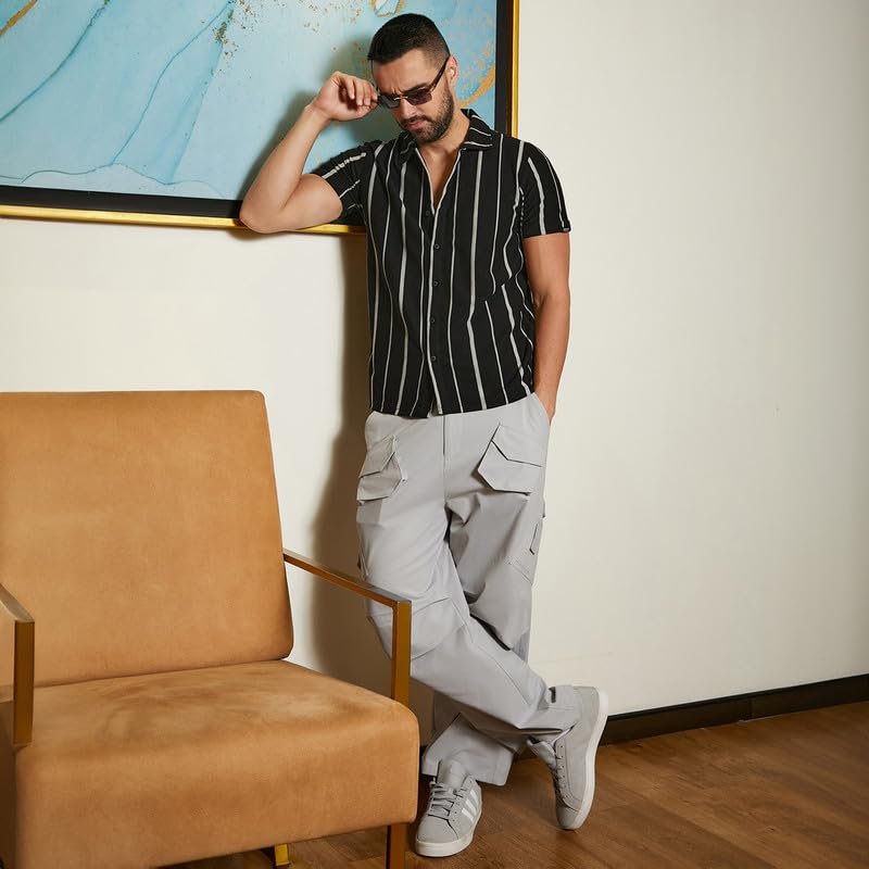Campus Sutra Mens Black & White Pencil Striped Shirt for Casual Wear | Spread Collar | Short Sleeve | Button Closure | Cotton S