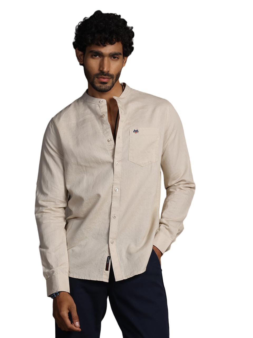 Thomas Scott 100% Cotton Linen Mandarin Collar Roll Up Sleeve Casual Shirts for Mens Beige