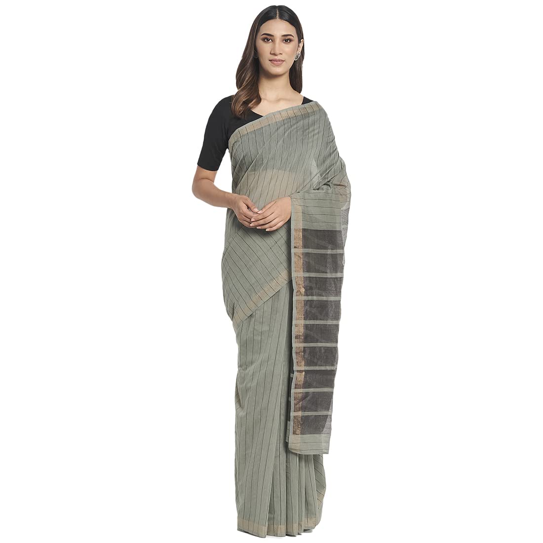 Fabindia Women Cotton Silk Jaal Sari Grey_Freesize