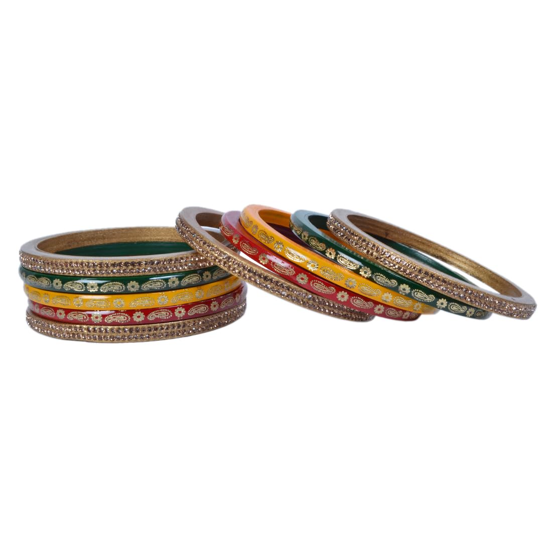 Snehlata Creations Multicolor Lac Bangle Set for Women - 2.4 Size, Set of 10, Red Yellow Green Golden, Jaipuri Chudi