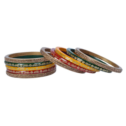 Snehlata Creations Multicolor Lac Bangle Set for Women - 2.4 Size, Set of 10, Red Yellow Green Golden, Jaipuri Chudi