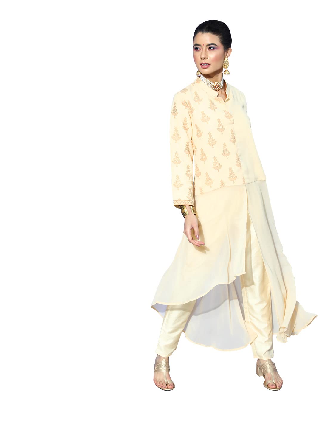 Ziyaa Women's Cream Georgette Asymmetric Kurta And Pant Set(ZIKUGR3757ANDPA)