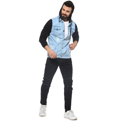 Campus Sutra Mens Cotton Blue & Black Colour-Blocked Denim Jacket with Hoodie | Structured Jacket with Comfort Fit, Regular Ful