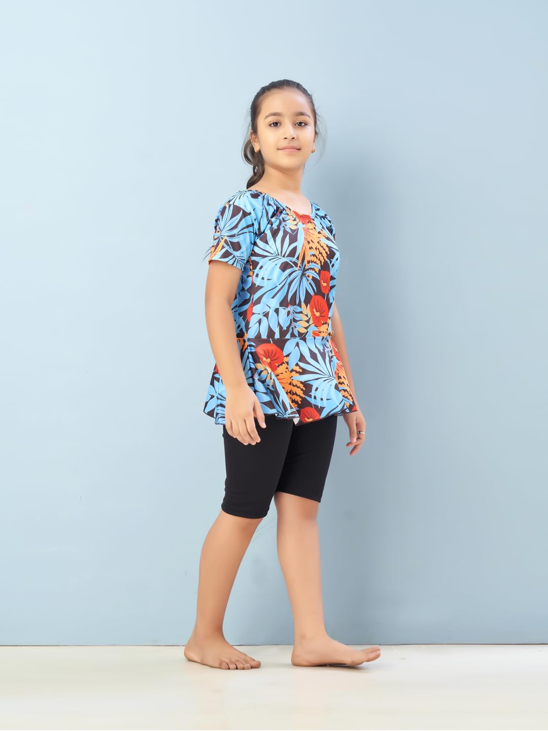 Aarika Girls Sports Wear Firozi-Black Colour Floral Print Nylon Swim Suit (5-15 Years)-(SW-SHM-CA-1115)
