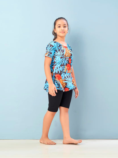 Aarika Girls Sports Wear Firozi-Black Colour Floral Print Nylon Swim Suit (5-15 Years)-(SW-SHM-CA-1115)