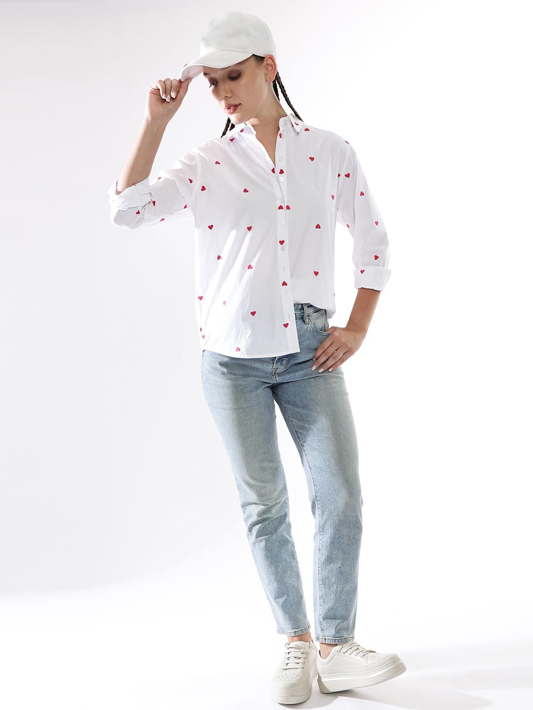 Hubberholme Women Oversized 100% Cotton Embroidered Spread Collar Shirts-4