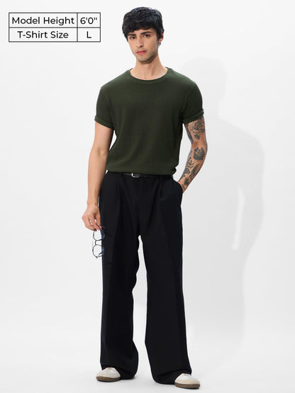 The Souled Store Official Korean T-Shirt: Olive Men and Boys Short Sleeves Round Neck Purple Graphic Printed Regular Fit Cotton