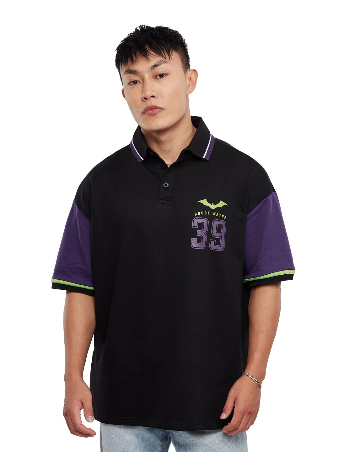 The Souled Store Official Batman: 39 Mens and Boys Oversized fit Graphic Half Sleeve Cotton Black Color Oversized Polos
