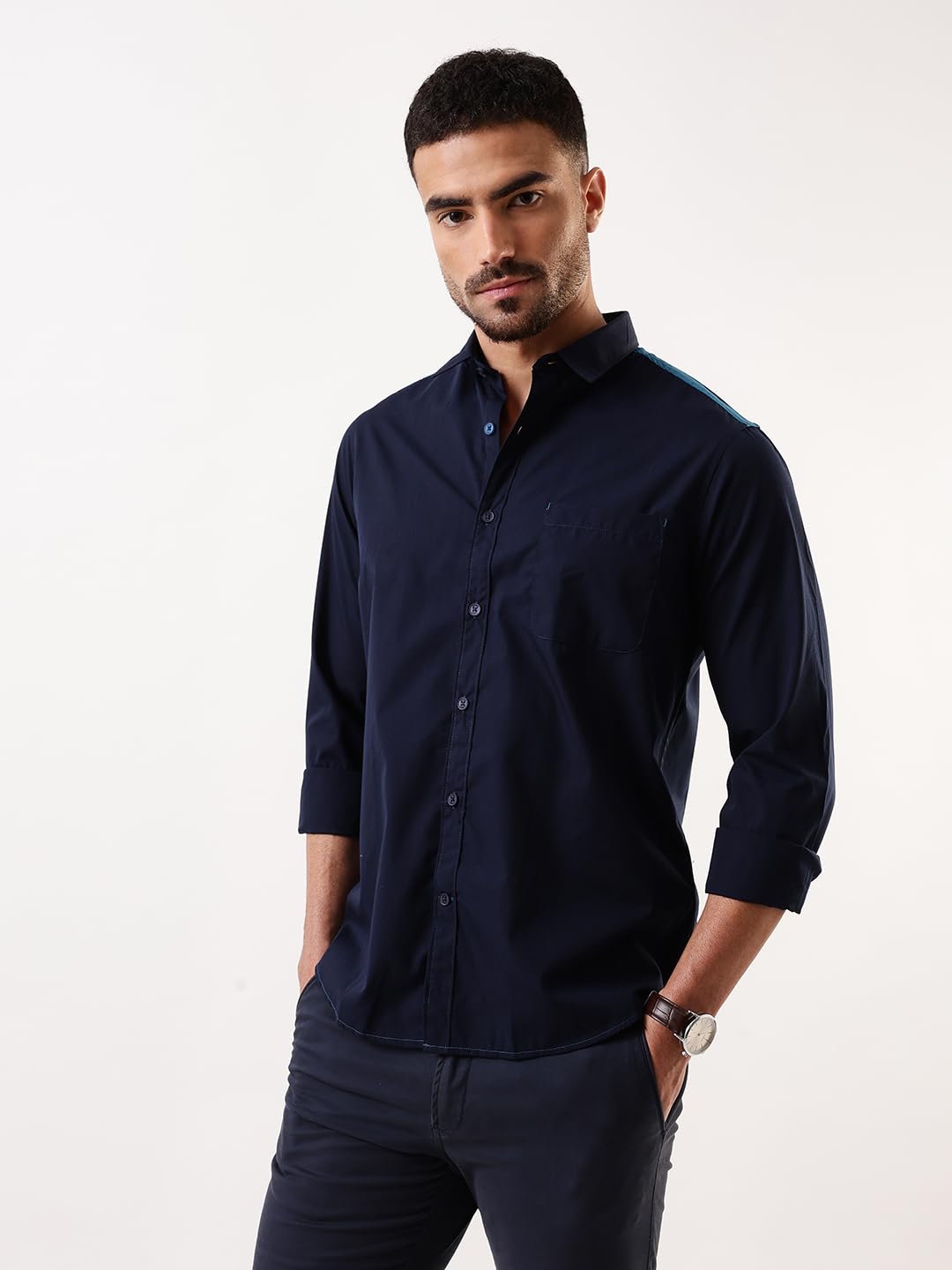 Dennis Lingo Men Navy - Teal Solid Spread Collar Full Sleeves Regular Fit Cotton Casual Shirt