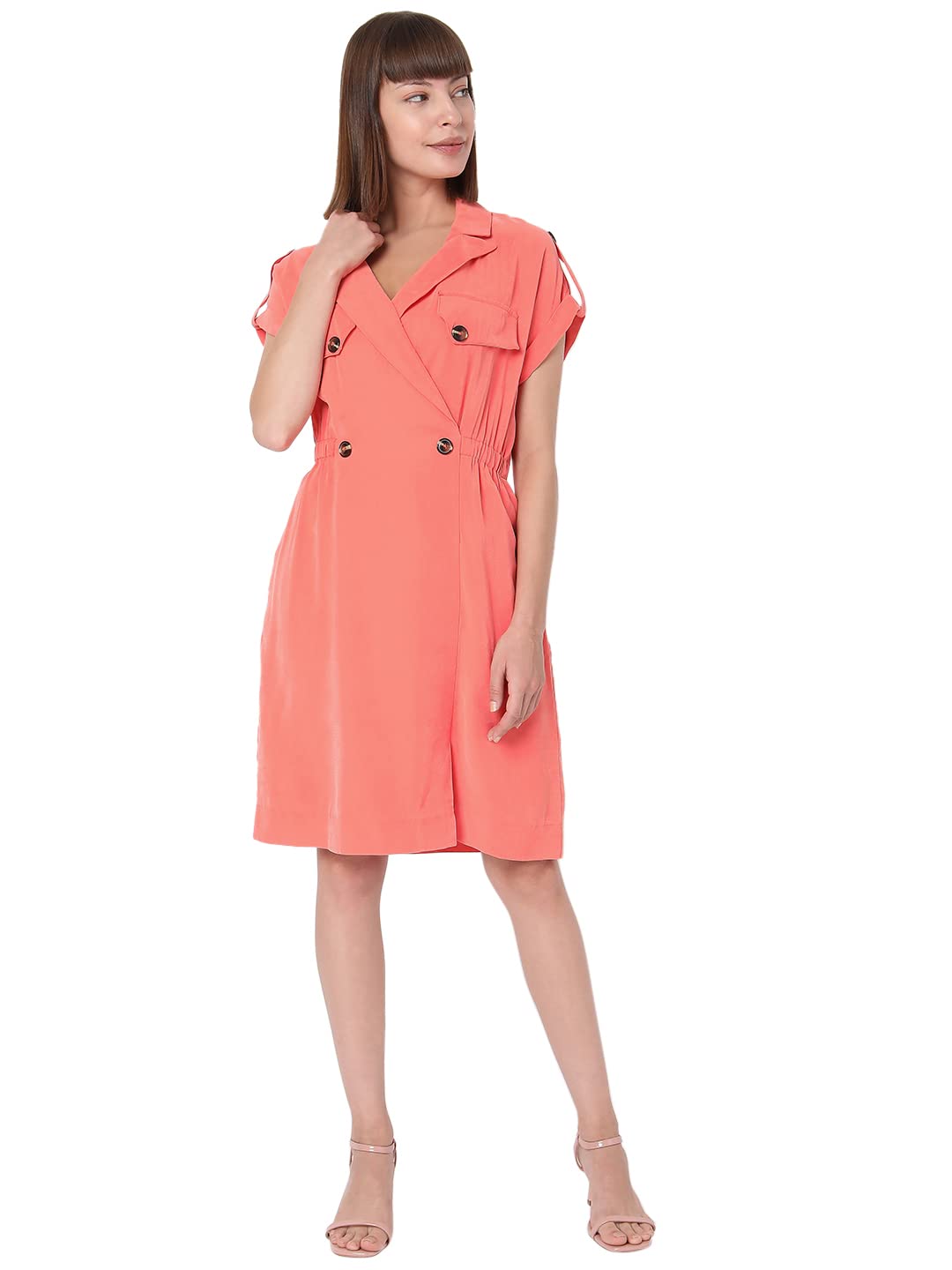 Vero Moda WomenS Rayon Fit And Flare Knee-Length Dress (10278115- Emberglow_M) Peach