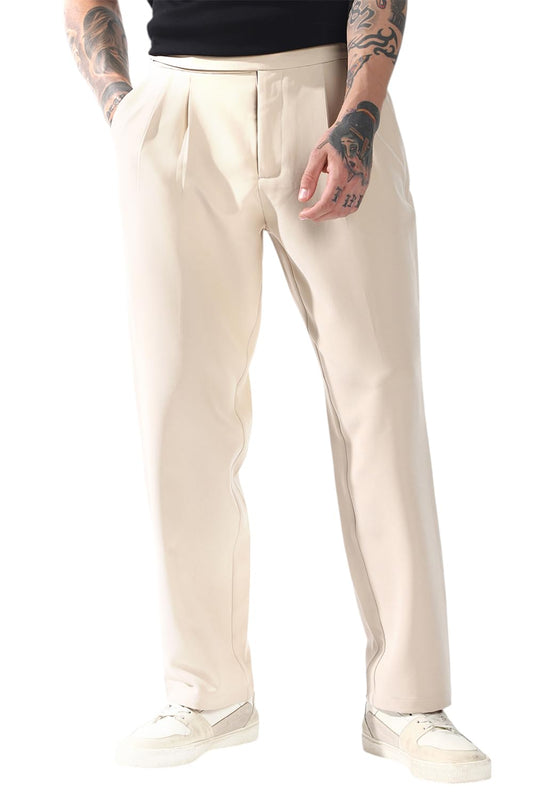 Hubberholme Men Solid Relaxed Fit Mid-Rise Korean Trousers 21 Beige
