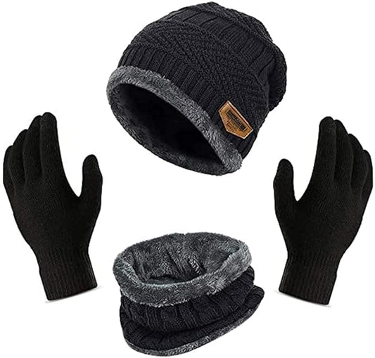 Digital Shopee Winter Knit Beanie Set Of Cap Hat Neck Warmer Scarf And Woolen Gloves Set Skull Cap For Men/Women - (Black, 3 Pie