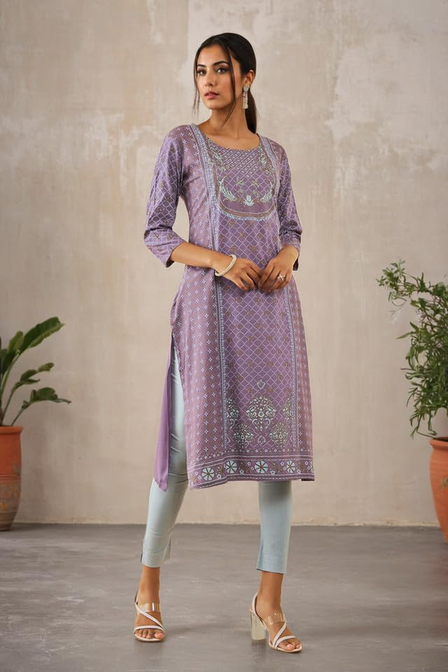 Soch Womens Purple Rayon Floral Foil Print Straight Kurta With Stonework