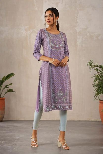 Soch Womens Purple Rayon Floral Foil Print Straight Kurta With Stonework