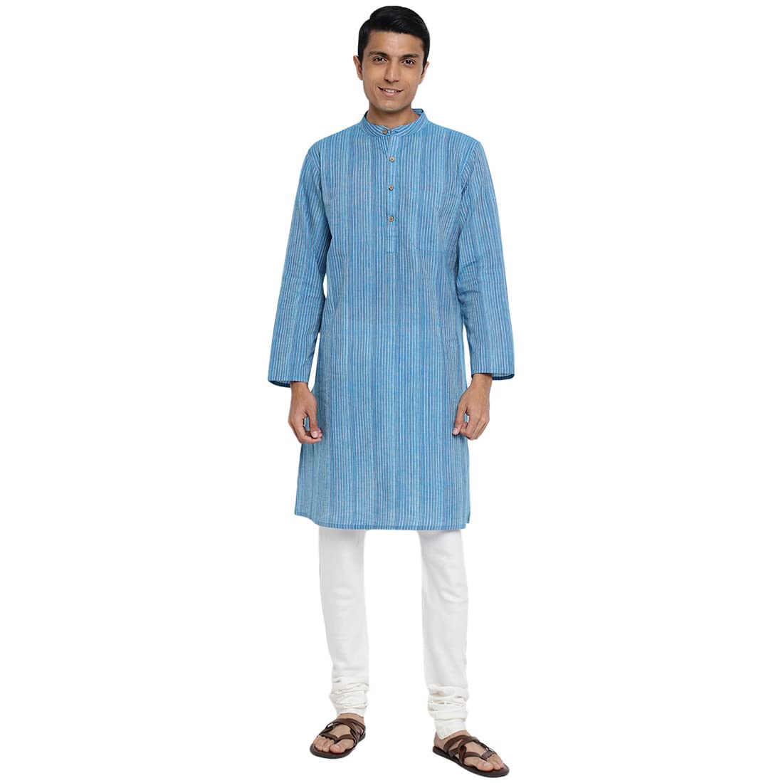 Fabindia Men Cotton Striped Long Kurta Blue_Xxl