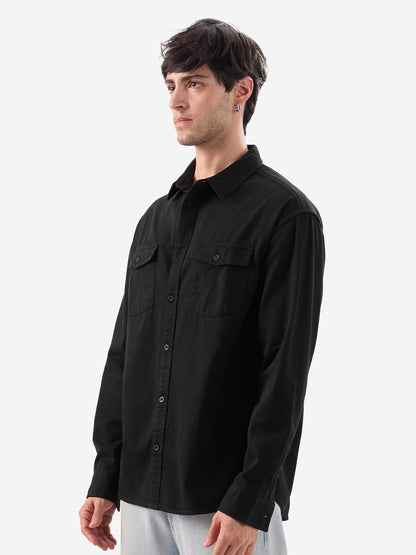The Souled Store Solids: Mystic Black Men and Boys Long Sleeve Collared Neck Button Front Solid Regular Fit Cotton Utility Shirt